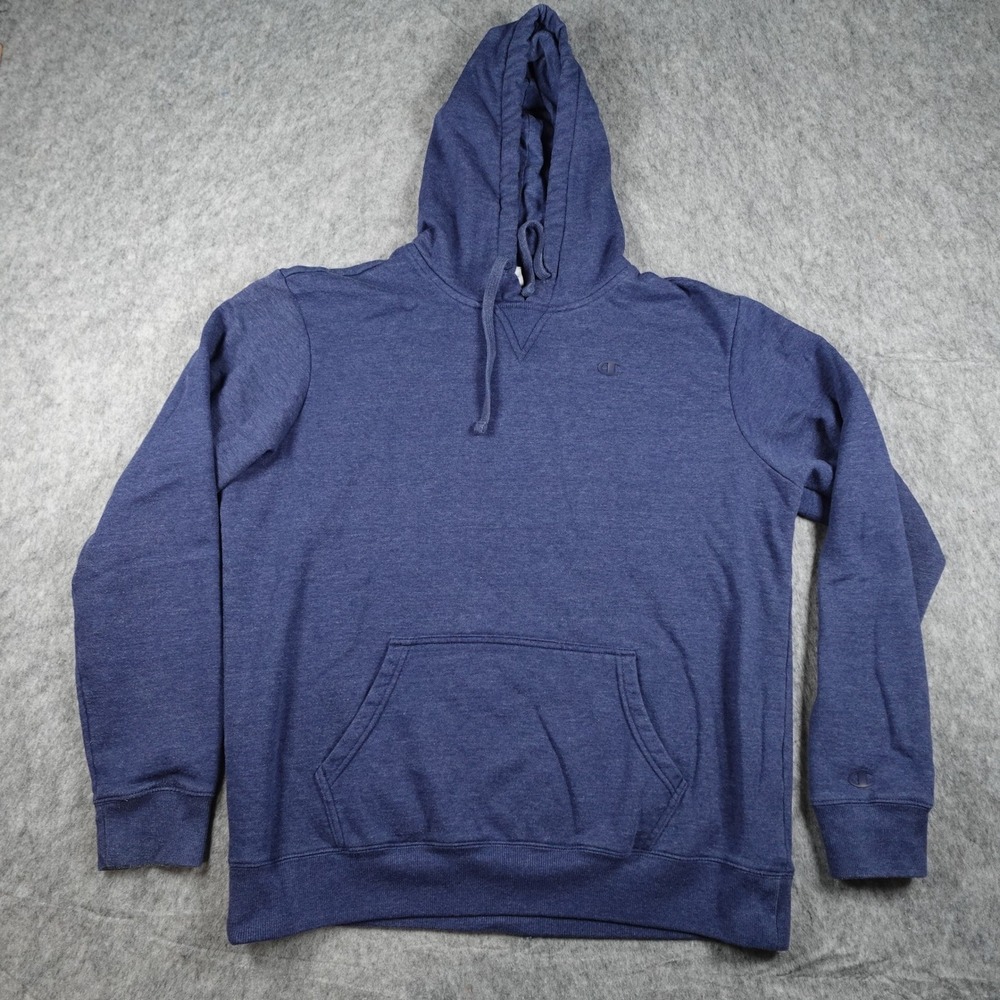 Champion Hoodie Men Large Navy Heather Hooded Fleece Pullover Logo Sweatshirt